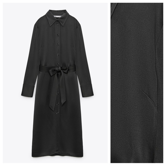 NWT. Zara Black Satin Effect Shirt Midi Dress with Belt. Size S. - Picture 3 of 10